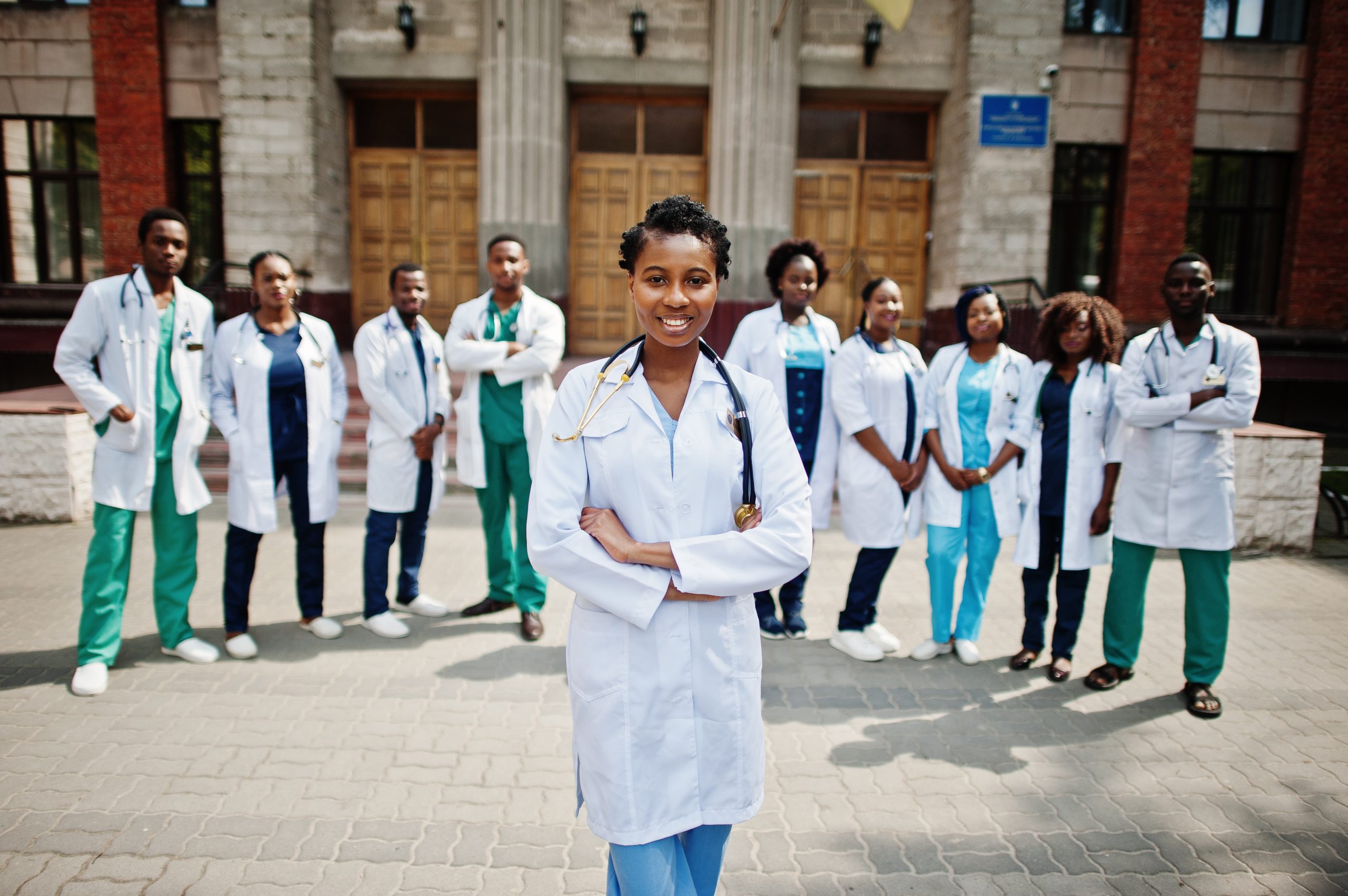 Group of african doctors students near medical university outdoo